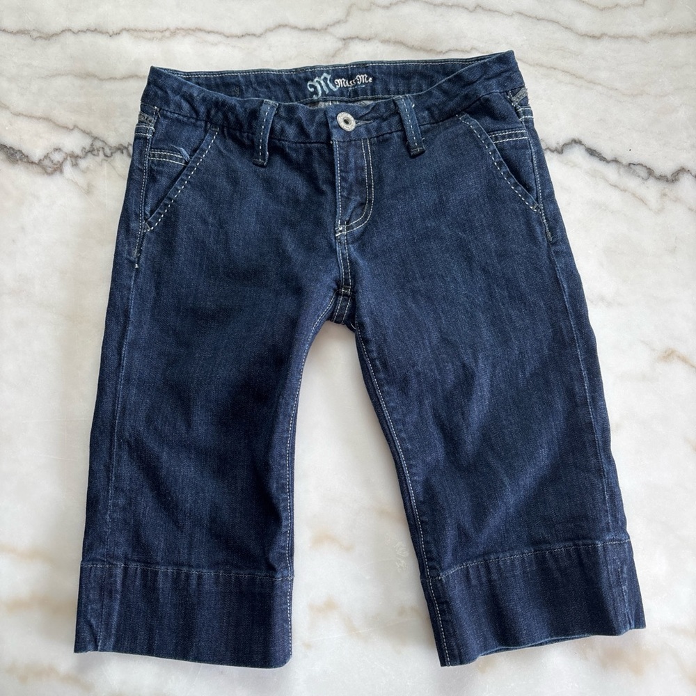 Miss Me Women's Y2K Denim Capri Jeans Size 28 Dark Wash Contrast Stitch Bermuda